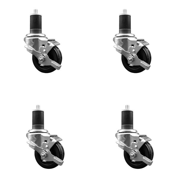 Service Caster 3'' SS Phenolic Swivel 1-5/8'' Expanding Stem Caster Set with Brake, 4PK SCC-SSEX20S314-PHS-TLB-158-4 - main